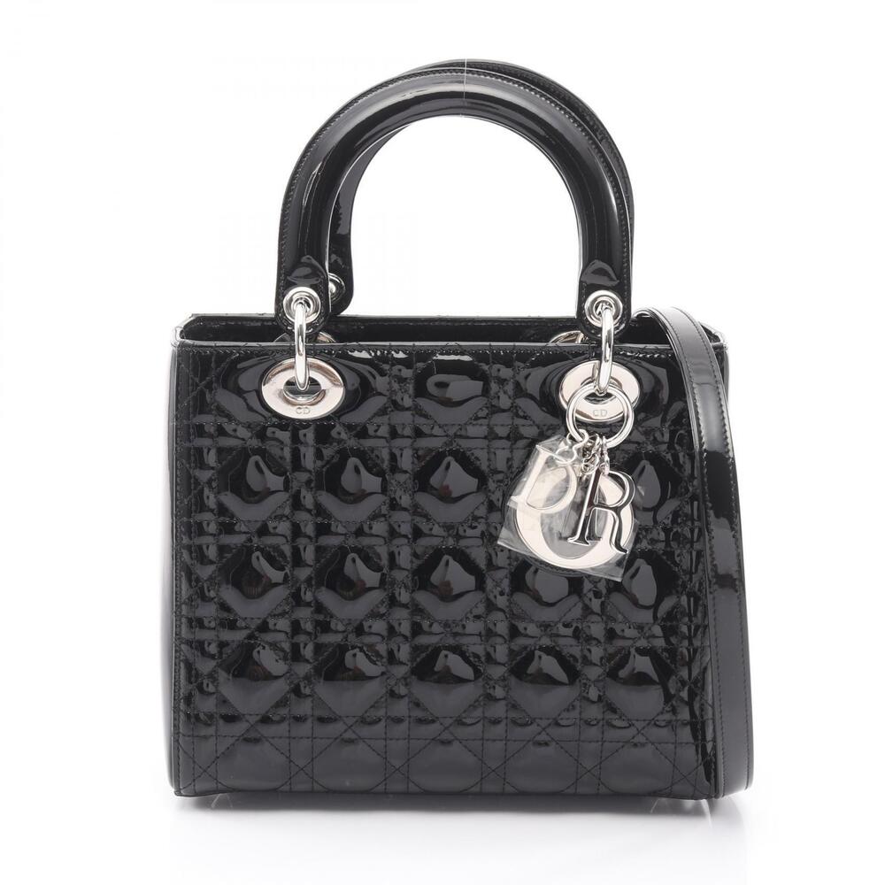 Christian Dior LADY Cannage Handbag Patent Vernis Leather Black